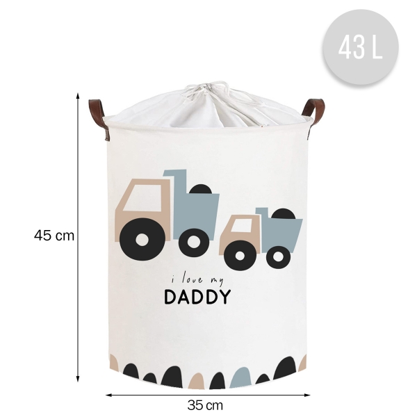 Koš na hračky, uzavíratelný, bavlna, Trucks Love Daddy - bílý, 43 L
