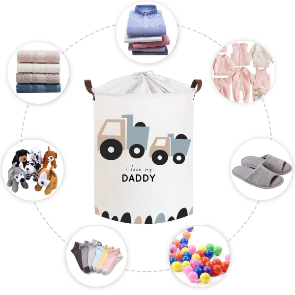 Koš na hračky, uzavíratelný, bavlna, Trucks Love Daddy - bílý, 43 L